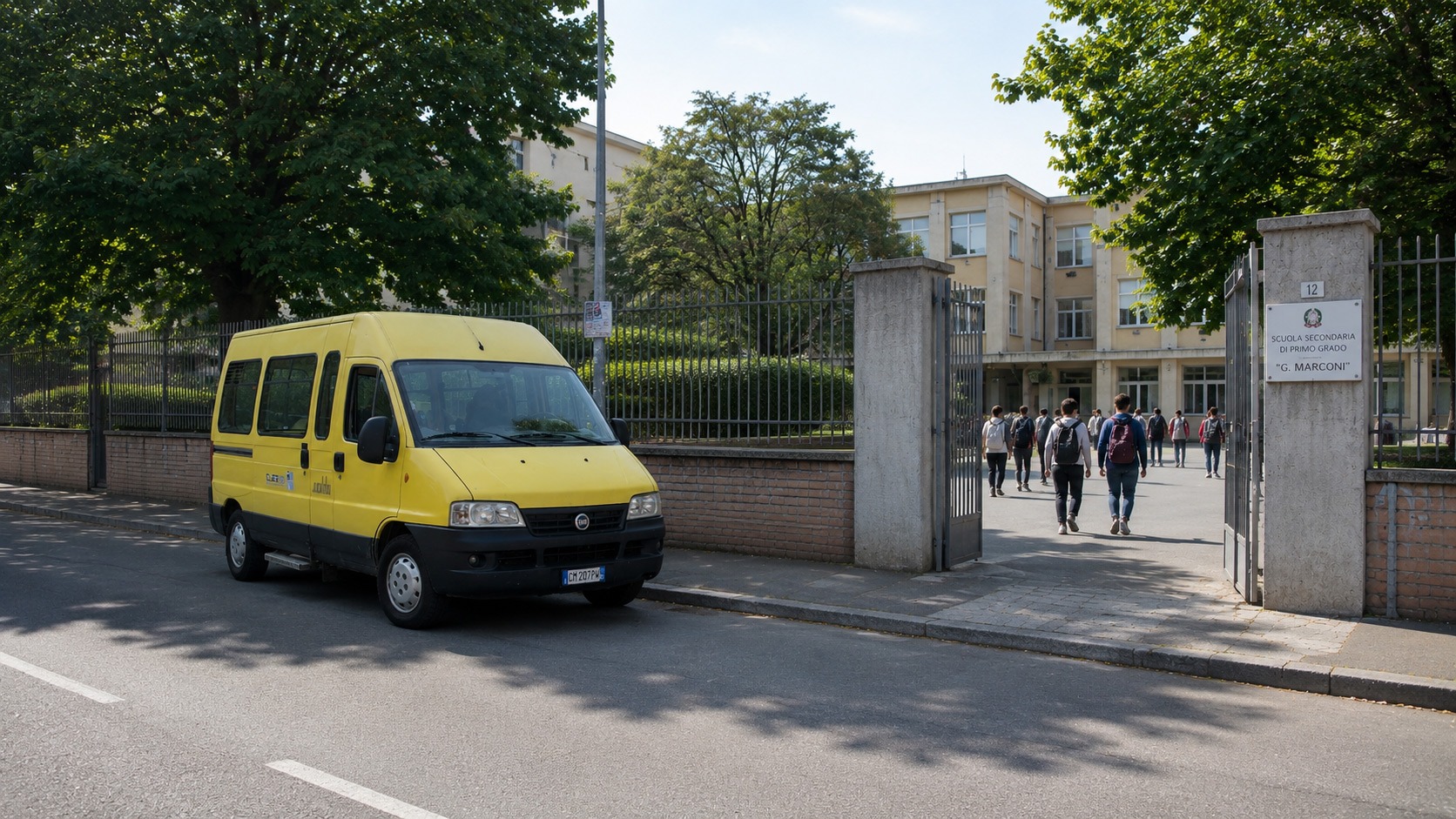Scuolabus Santerno Bus presso l'ingresso della scuola